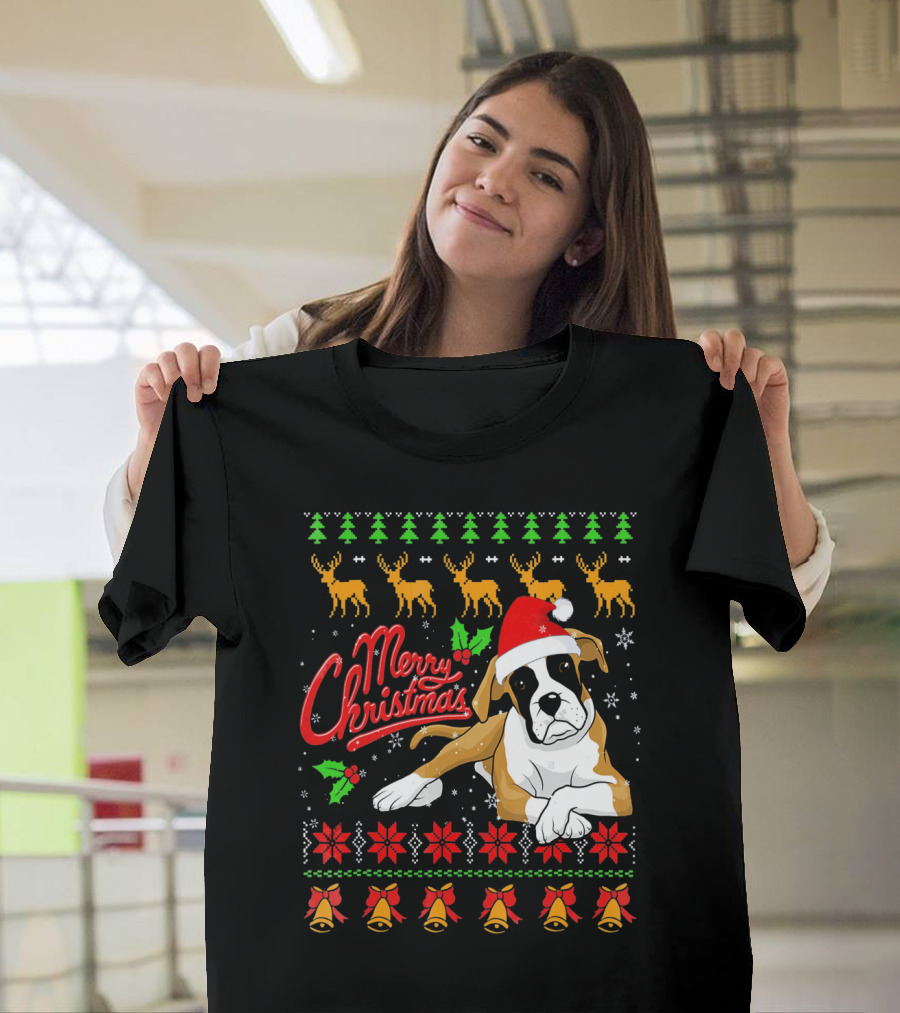 Merry Christmas Boxer Santa Hat Poinsettia Reindeer Snowflakes T-Shirt