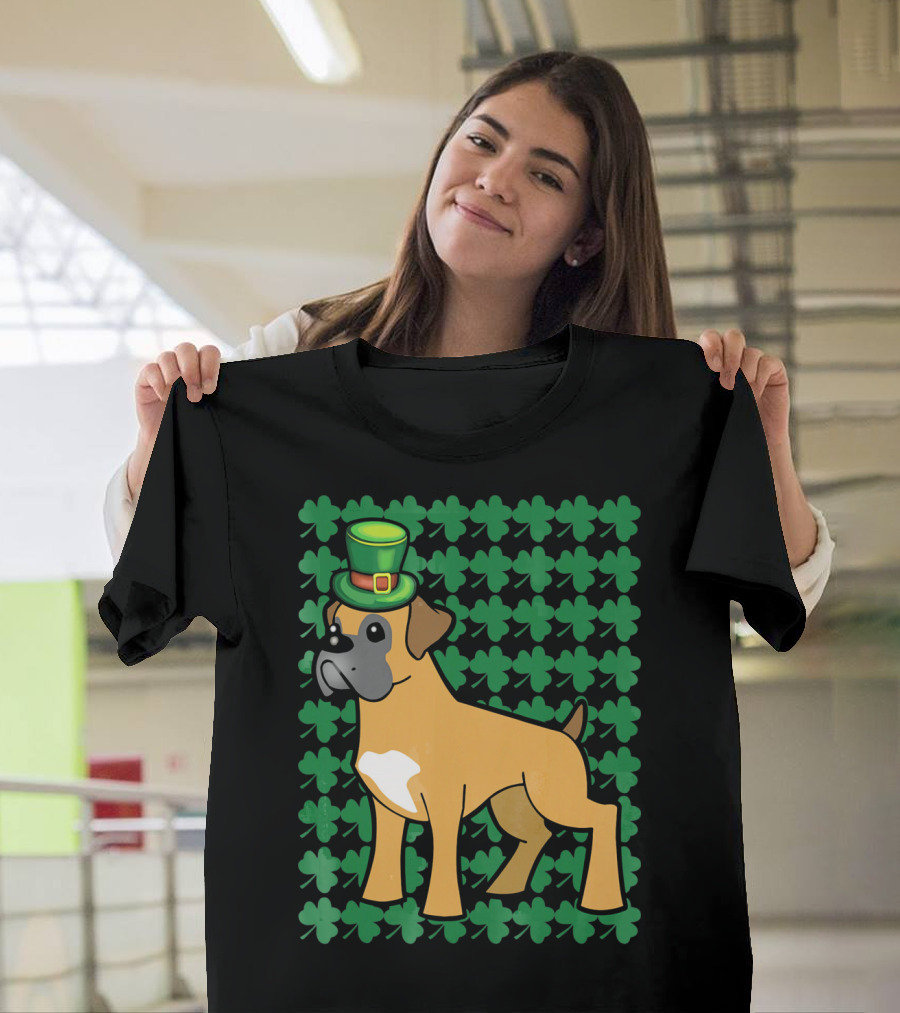 Leprechaun Hat Boxer Dog with Clover Background for St Patrick's Day T-Shirt