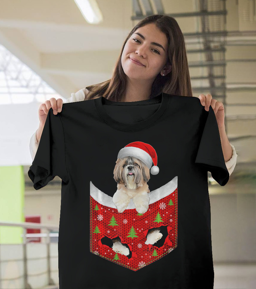 Shih Tzu Dog in Santa Hat with Christmas Trees and Snowflakes Pocket T-Shirt