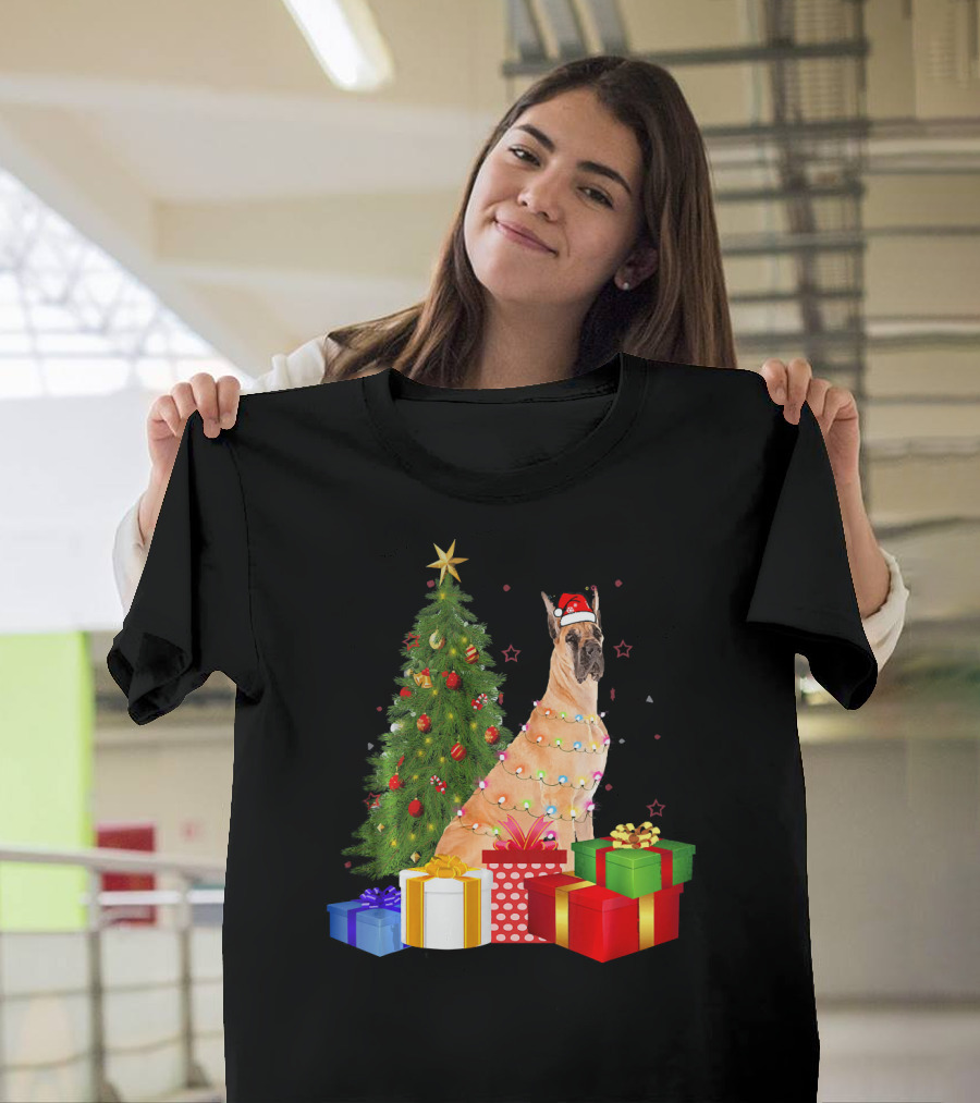 Santa Hat Great Dane Dog with Christmas Tree and Presents T-Shirt