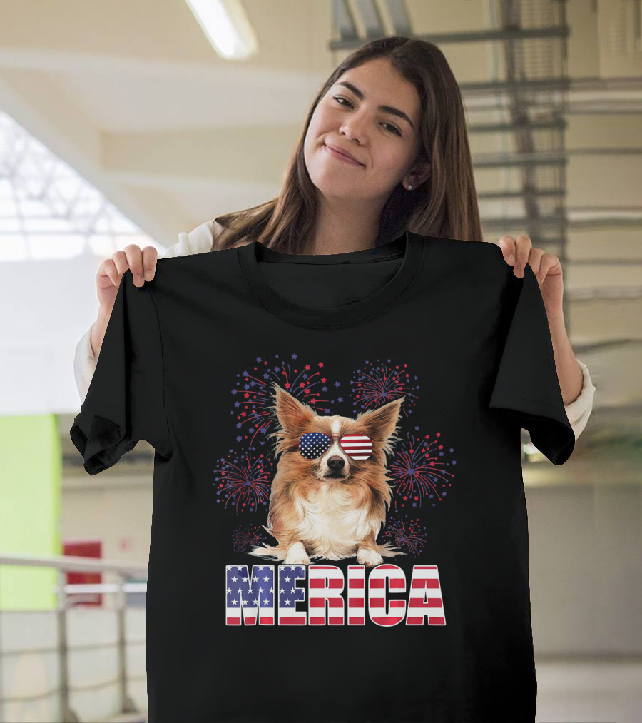 Merica USA Flag Papillon Dog with Fireworks T-Shirt