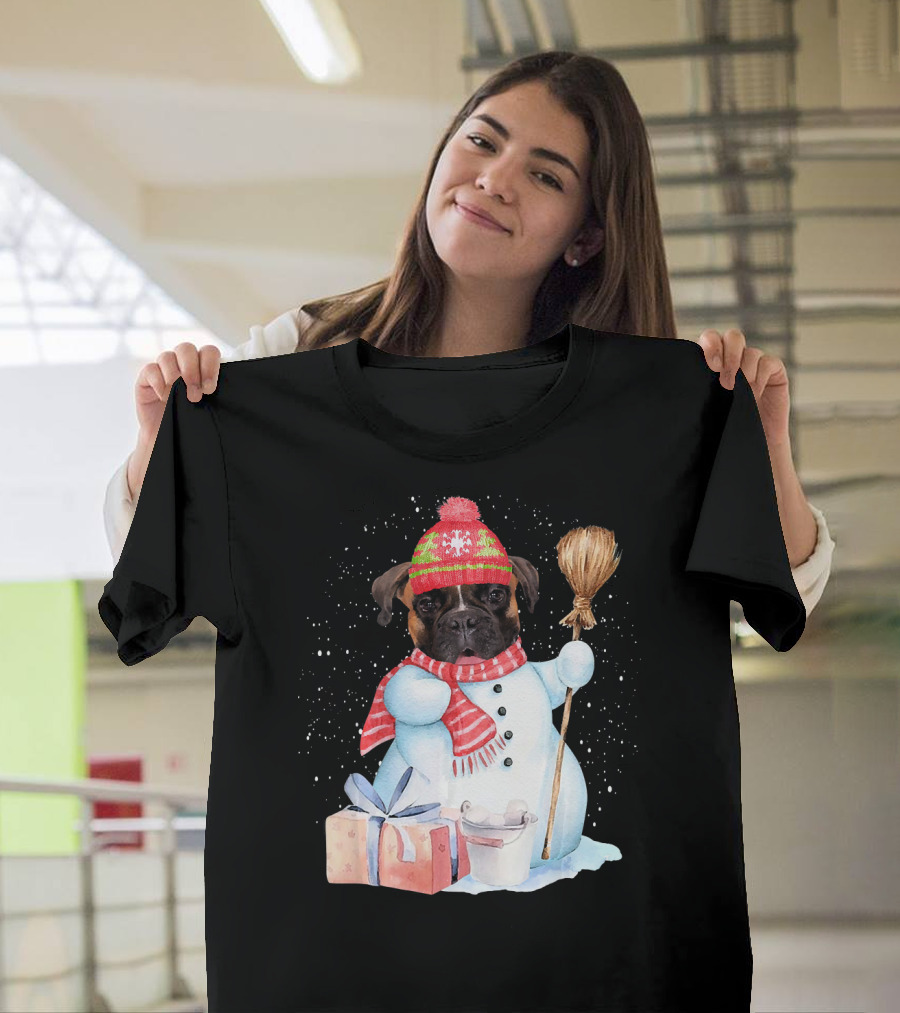 Boxer Snowman Christmas Dog with Broom and Gift in Snowy Night T-Shirt