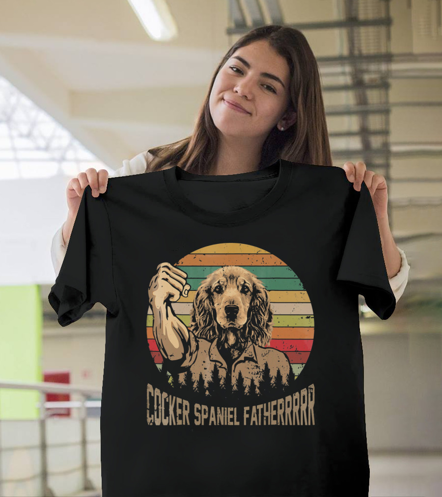 Cocker Spaniel Fatherrrr Retro Forest Fist Pump T-Shirt