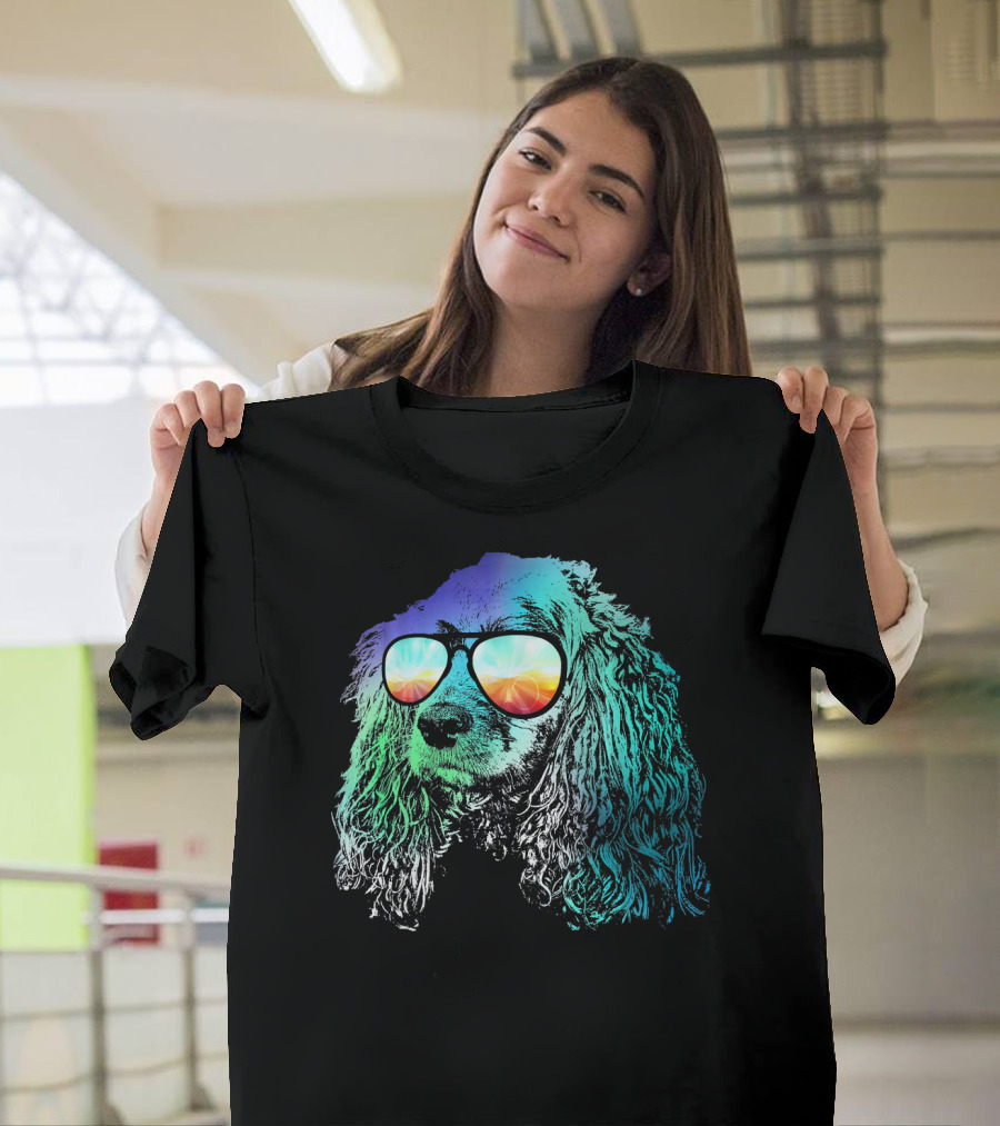 Cocker Spaniel Neon Dog with Sunglasses Retro Rainbow Reflection T-Shirt