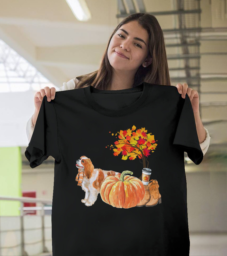 Cavalier King Charles Spaniel Autumn Pumpkin Scarf Boots Coffee Cup T-Shirt