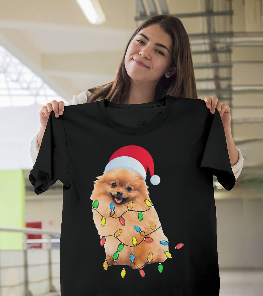 Christmas Pomeranian with Santa Hat and Holiday Lights T-Shirt