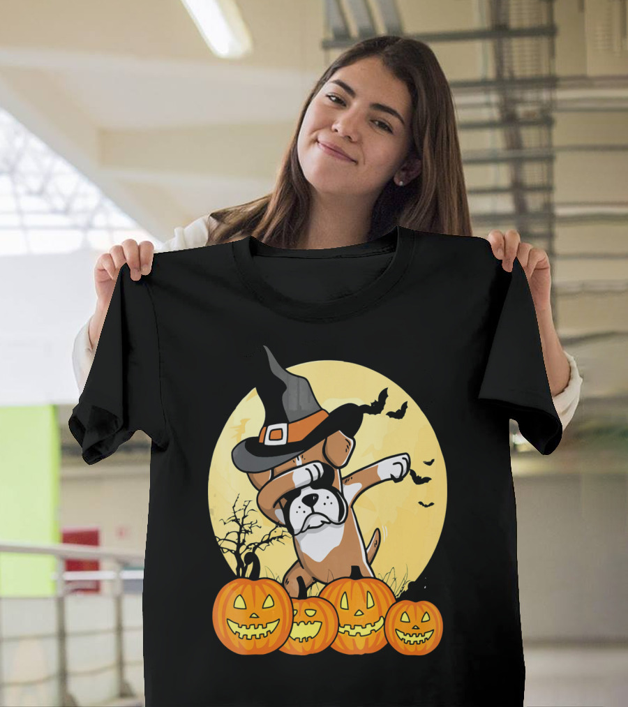 Halloween Boxer Dog Witch Hat Dabbing with Pumpkins T-Shirt