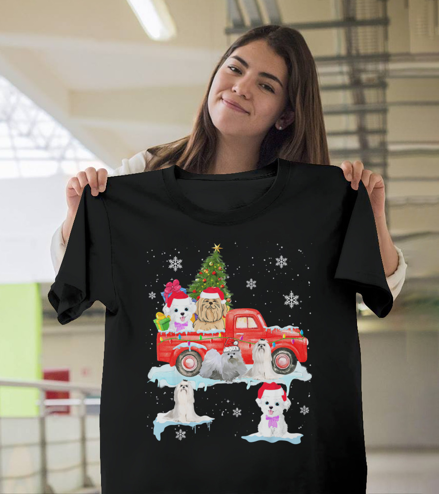 Christmas Maltese Dogs Celebrating on Red Truck with Tree and Snowflakes T-Shirt