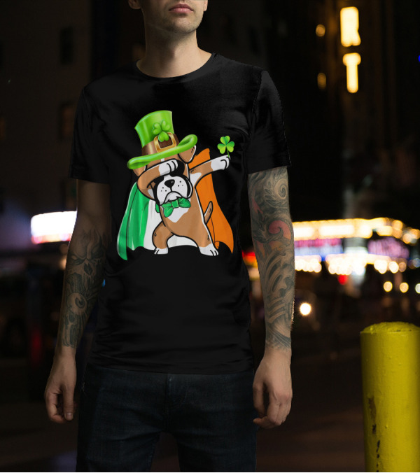 Dabbing Boxer Dog In Leprechaun Hat With Irish Flag Cape And Shamrock T-Shirt