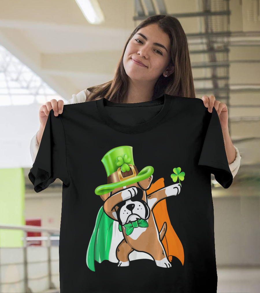 Dabbing Boxer Dog in Leprechaun Hat with Irish Flag Cape and Shamrock T-Shirt
