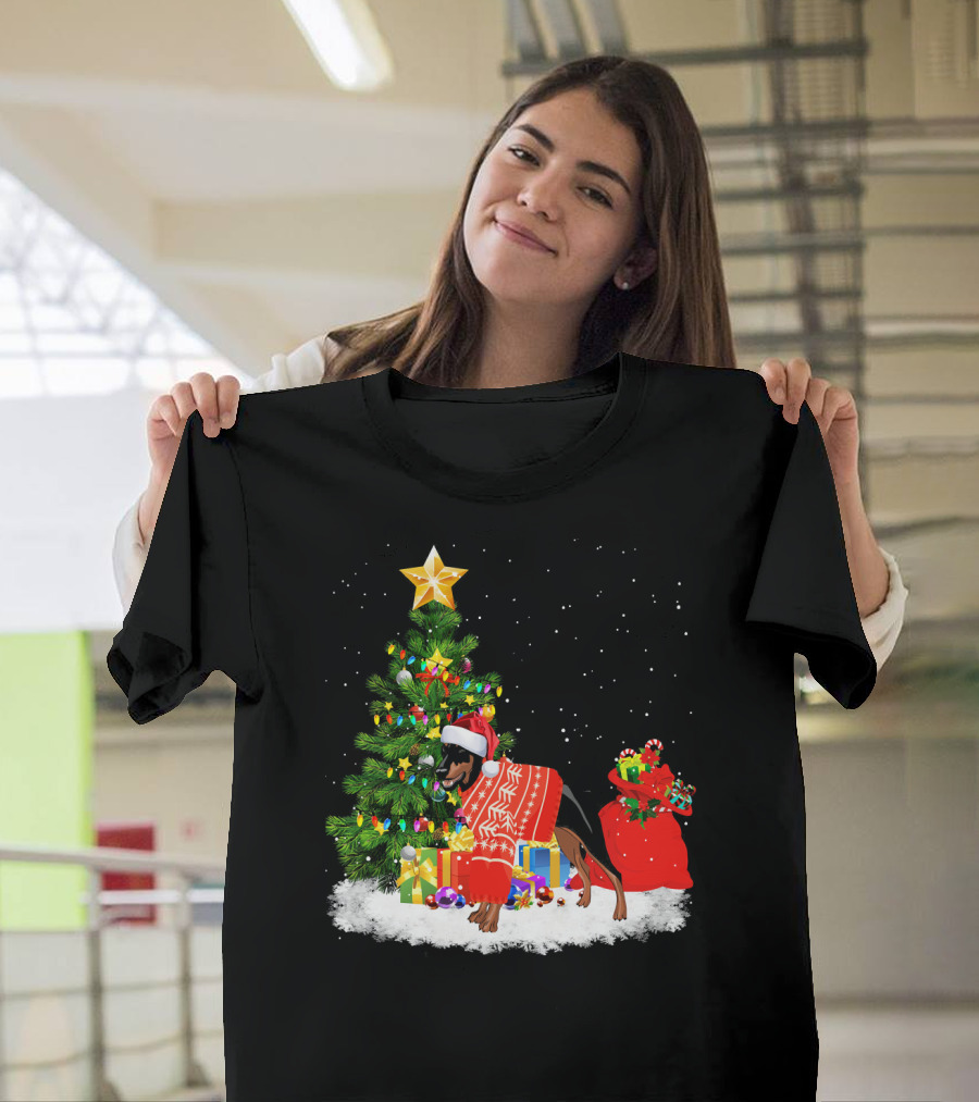 Doberman Pinscher Christmas Tree Santa Hat Sweater Celebrations T-Shirt