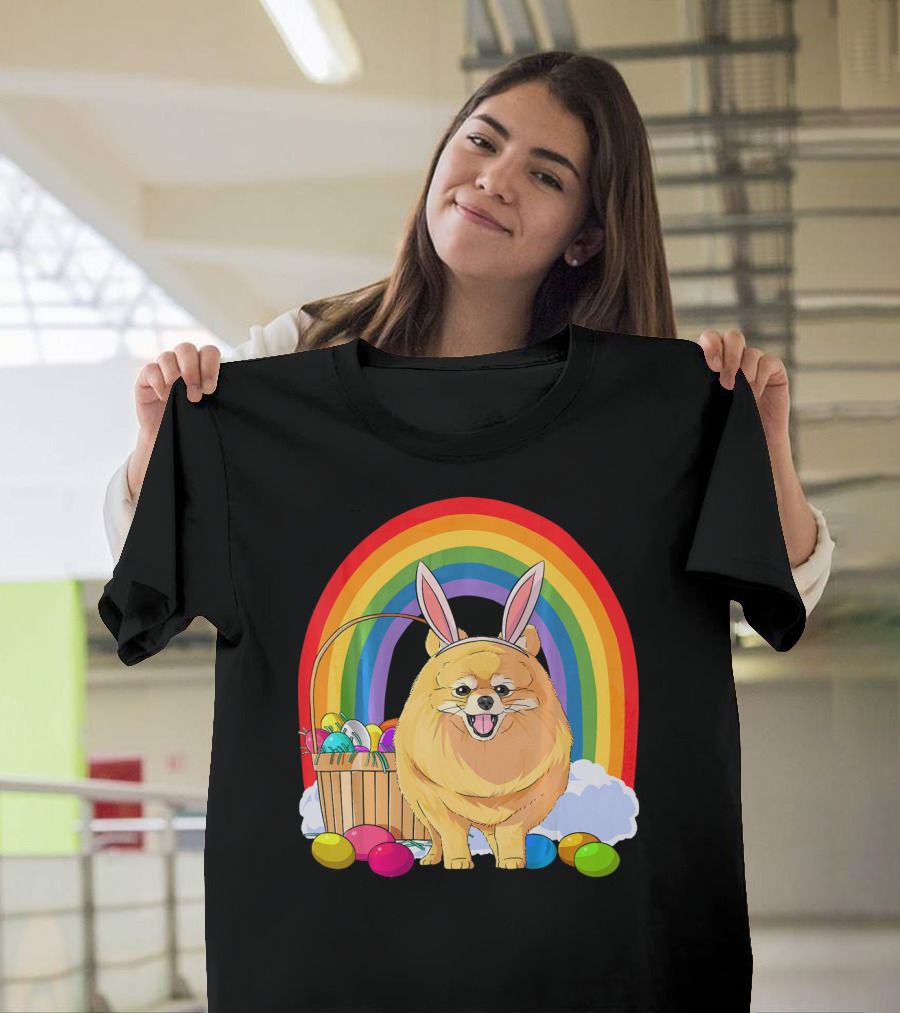 Pomeranian Bunny Dog with Easter Eggs and Rainbow T-Shirt