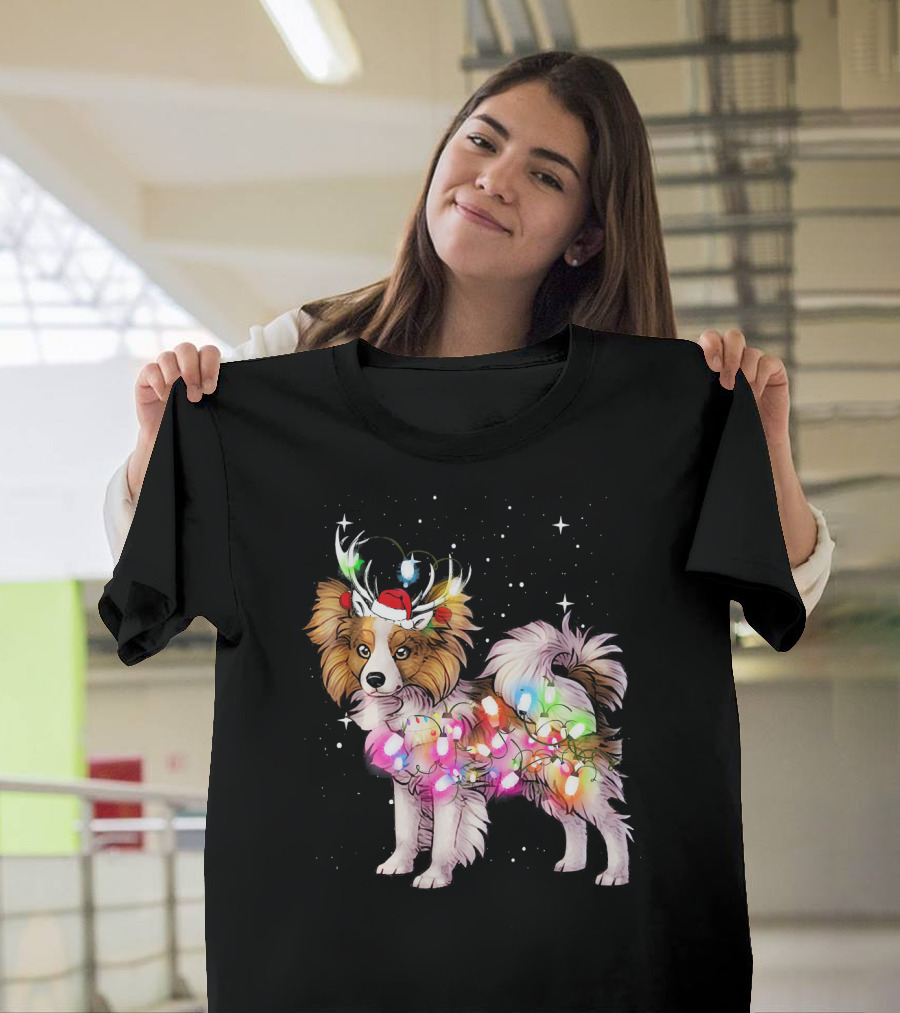 Papillon Dog Wrapped in Christmas Lights with Santa Hat and Antlers T-Shirt