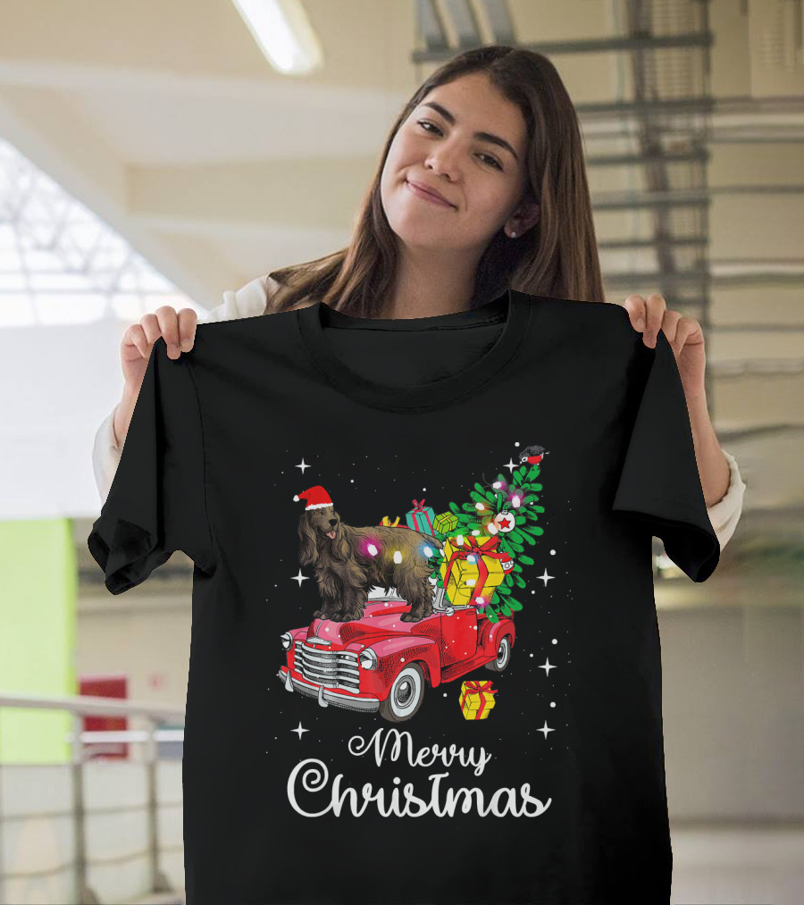 English Cocker Spaniel on Red Truck with Christmas Tree and Gifts Merry Christmas T-Shirt