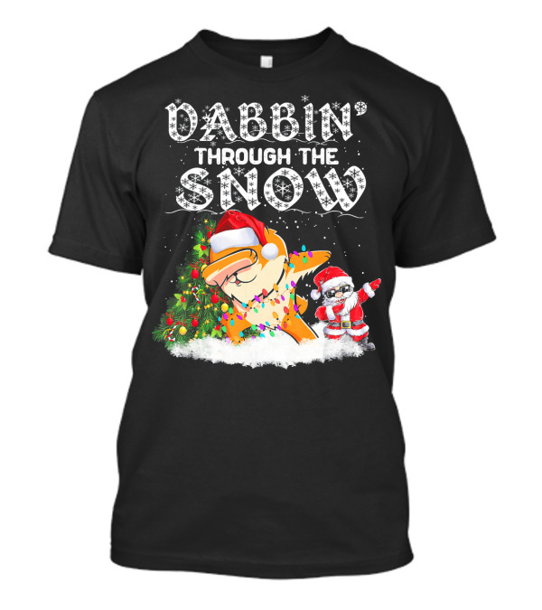 Dabbin Through The Snow Pomeranian Christmas Santa Hat Holiday Lights T-Shirt