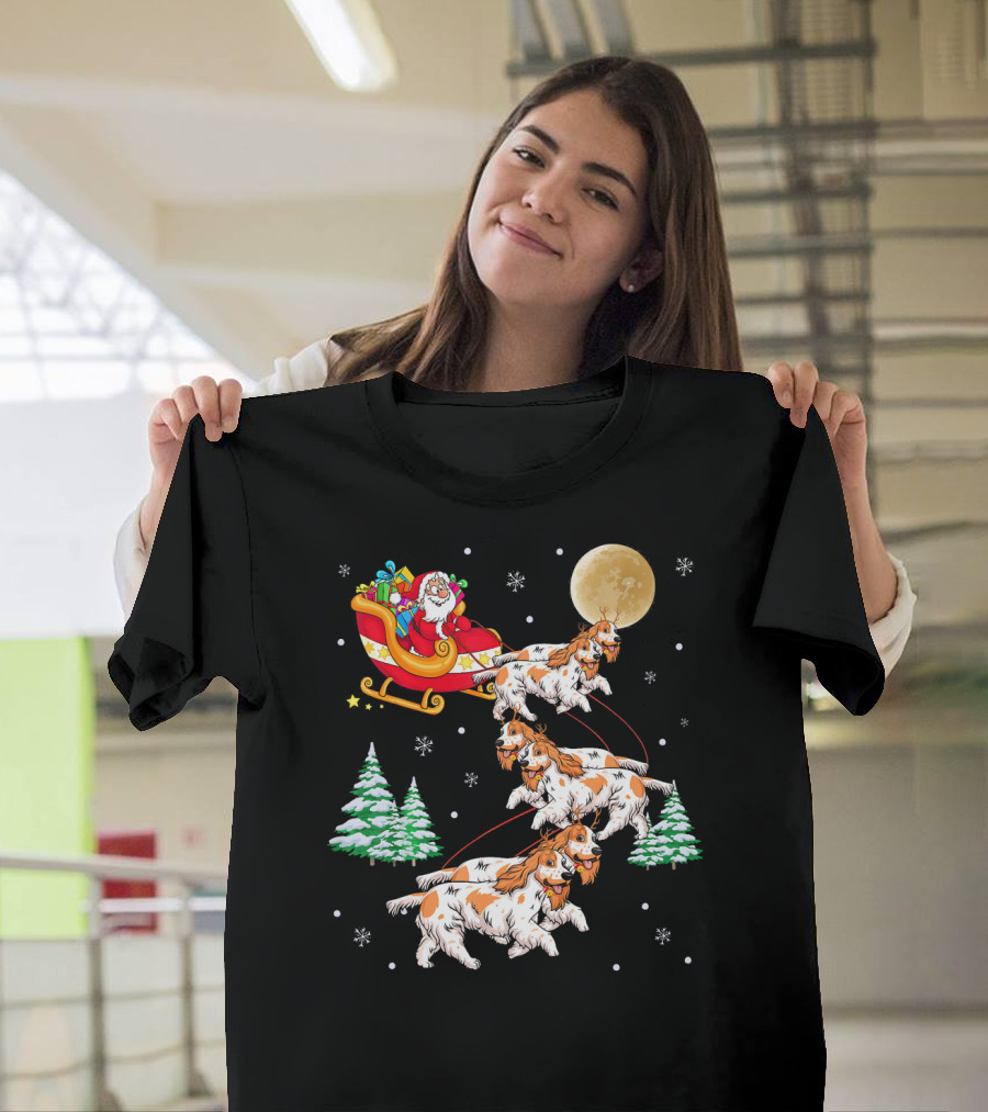 Cocker Spaniel Christmas Reindeer Santa Sleigh Moon Snowflakes Trees T-Shirt