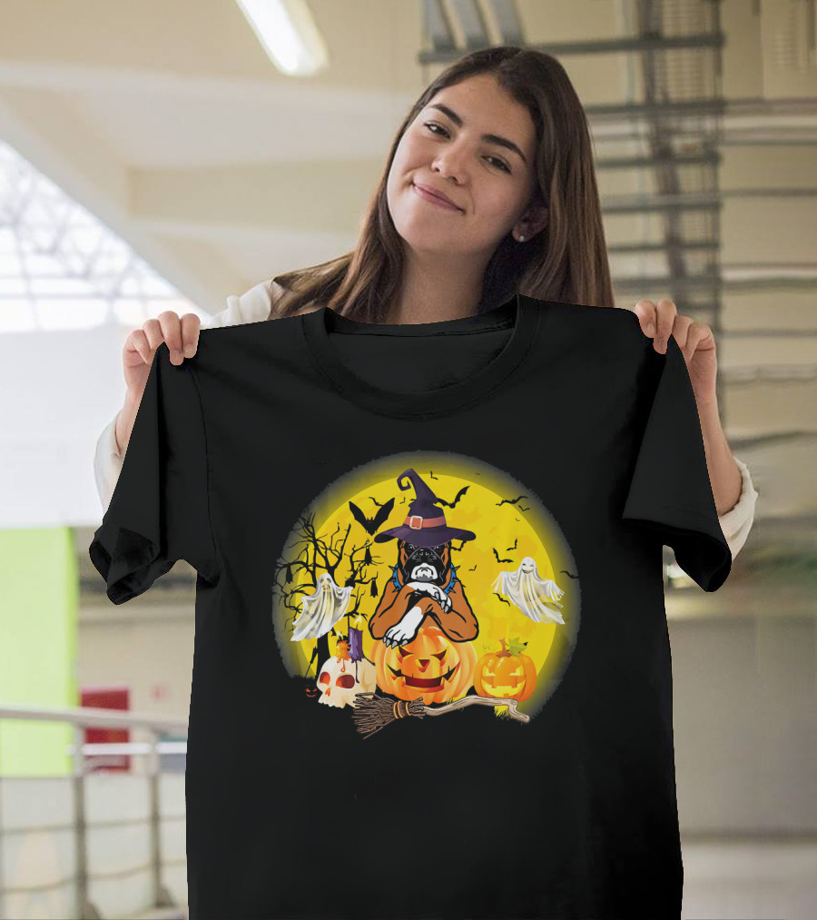 Halloween Witch Boxer Dog with Pumpkins and Ghosts T-Shirt