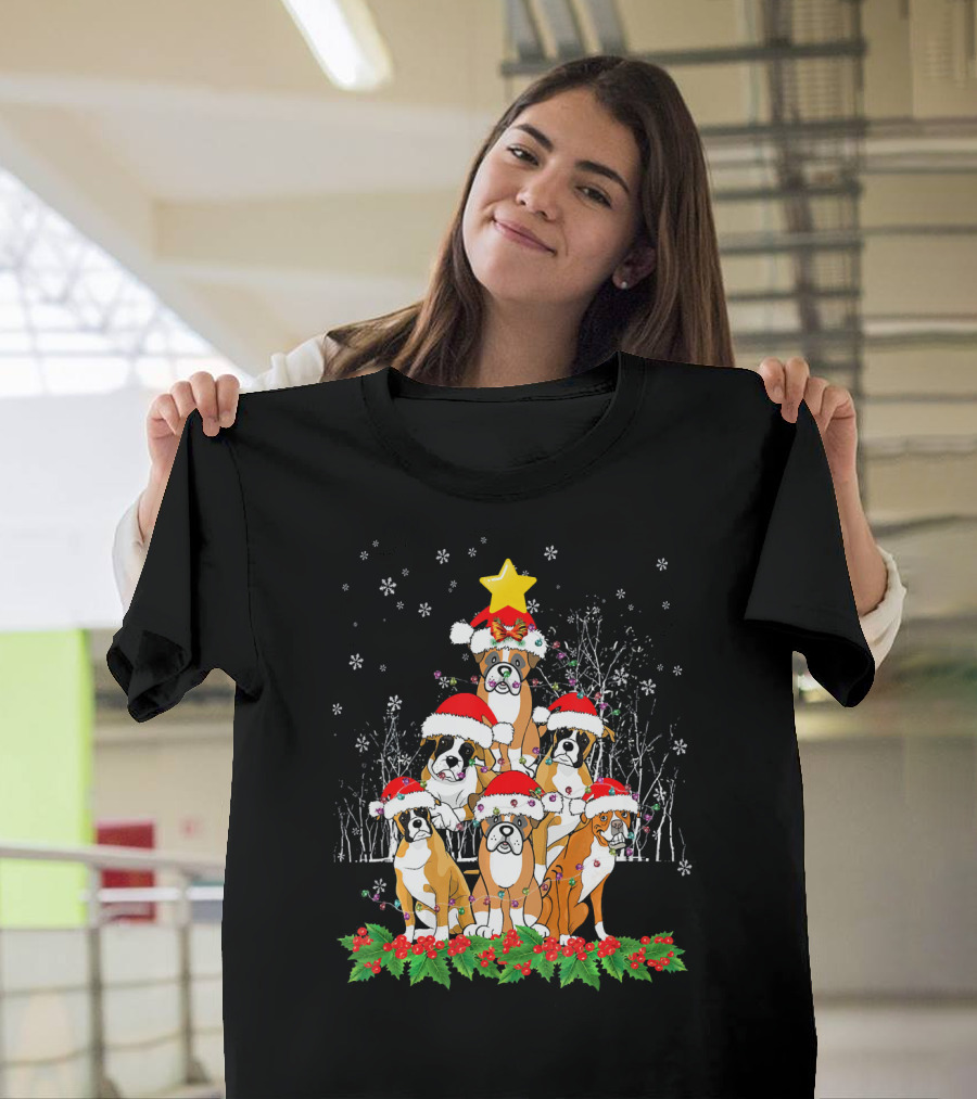 Festive Boxer Dogs with Santa Hats and Star Christmas Tree Arrangement T-Shirt