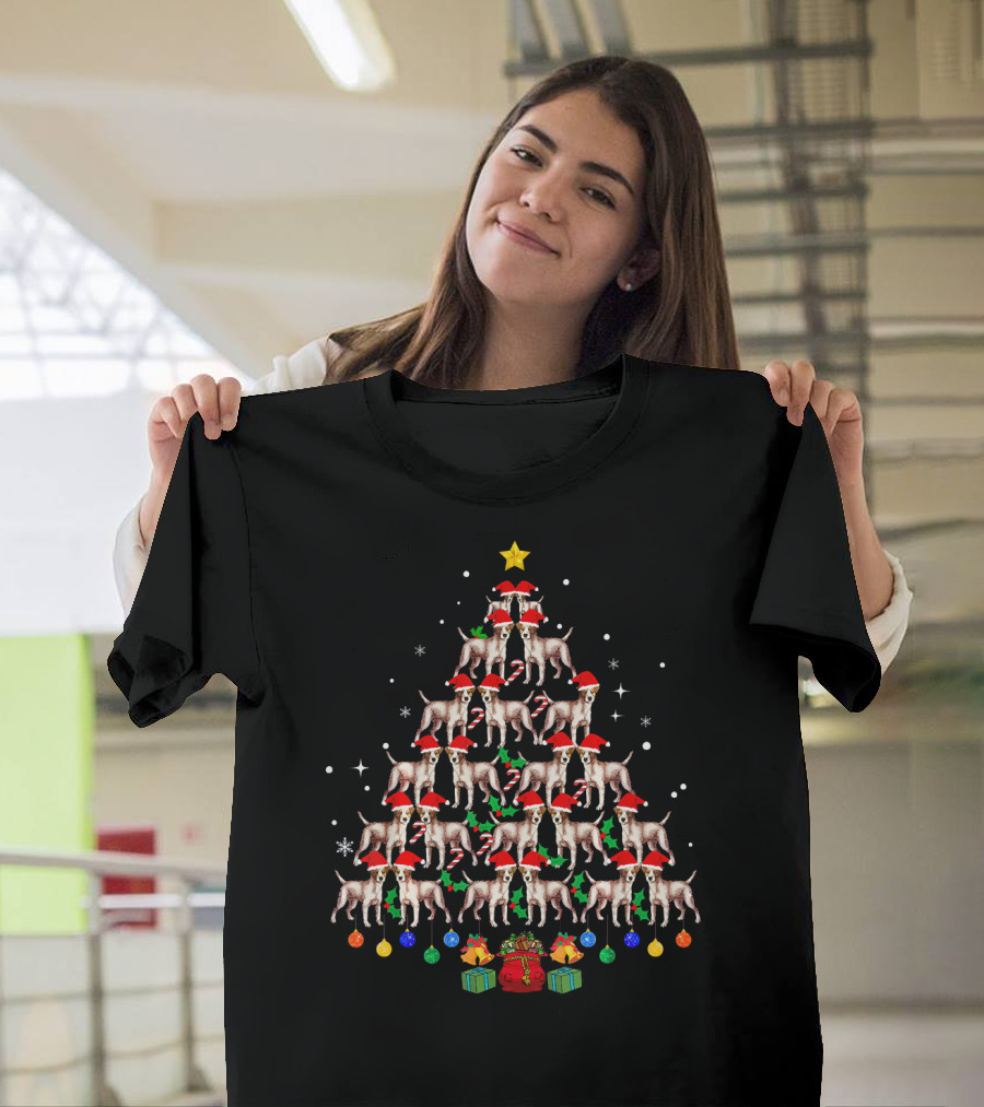 Jack Russell Terriers Forming Festive Christmas Tree Santa Hats Presents T-Shirt