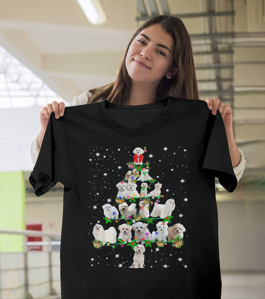 Funny Maltese Dog Christmas Tree Ornament with Cute Puppies and Festive Decorations T-Shirt