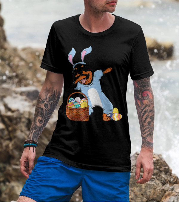 Dabbing Rottweiler Dog In Easter Bunny Costume With Basket Of Eggs T-Shirt