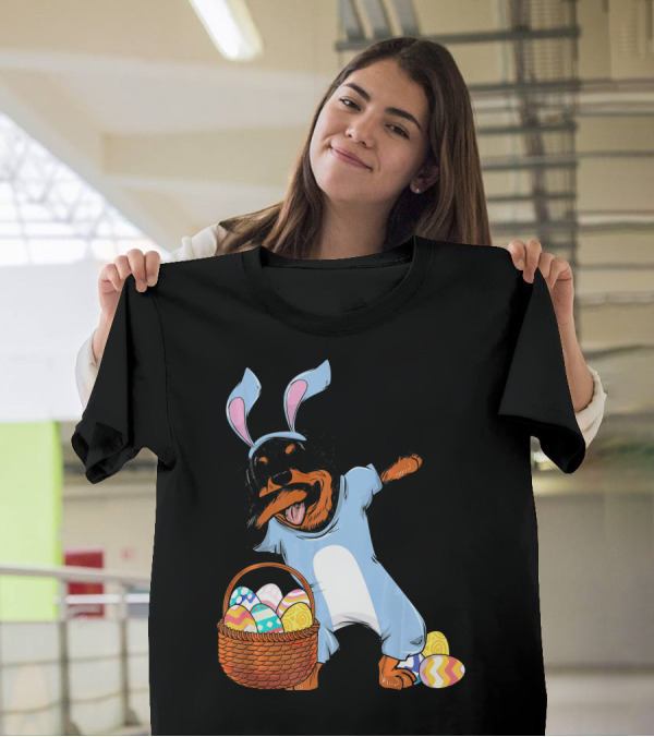 Dabbing Rottweiler Dog In Easter Bunny Costume With Basket Of Eggs T-Shirt
