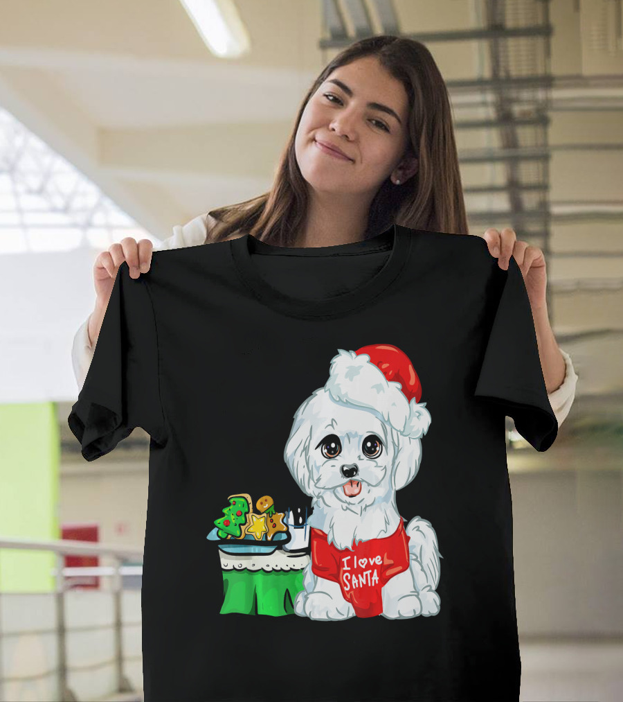 I Love Santa Cute White Maltese Dog with Christmas Treats T-Shirt