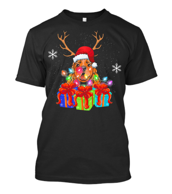 Festive Cocker Spaniel Christmas Antlers Santa Hat Light Gifts T-Shirt