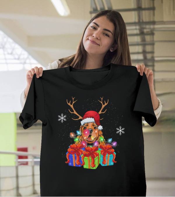 Festive Cocker Spaniel Christmas Antlers Santa Hat Light Gifts T-Shirt