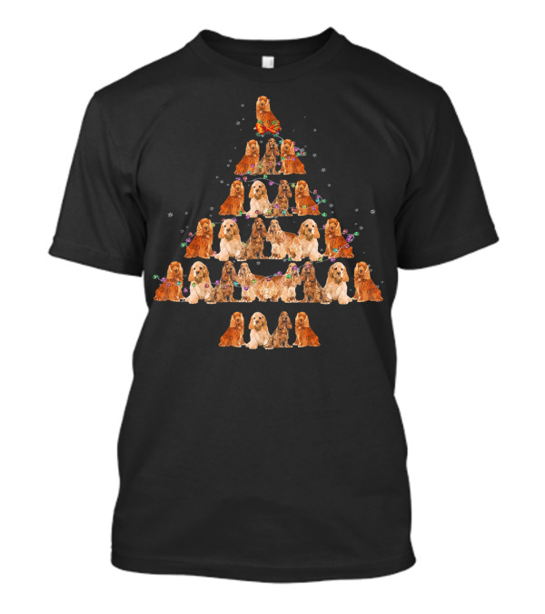 English Cocker Spaniel Dogs Forming Holiday Tree With Festive Decorations T-Shirt