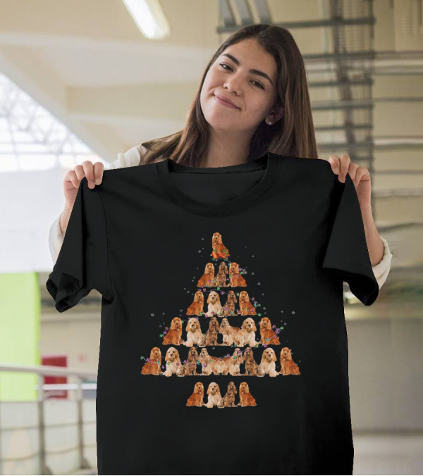 English Cocker Spaniel Dogs Forming Holiday Tree With Festive Decorations T-Shirt