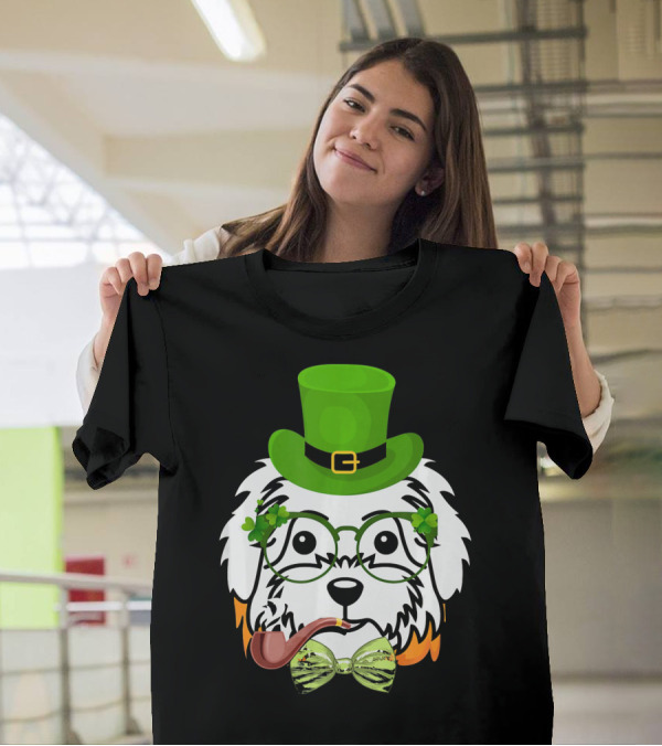 Funny Maltese Leprechaun St Patrick's Day Dog With Green Top Hat And Pipe T-Shirt