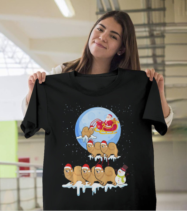 Pomeranian Dogs Pulling Santa's Sleigh With Snowman Under Moon T-Shirt