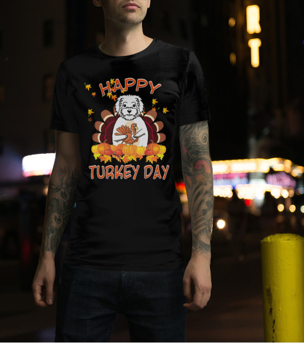 Funny Maltese Happy Turkey Day Thanksgiving Dog With Pumpkins T-Shirt
