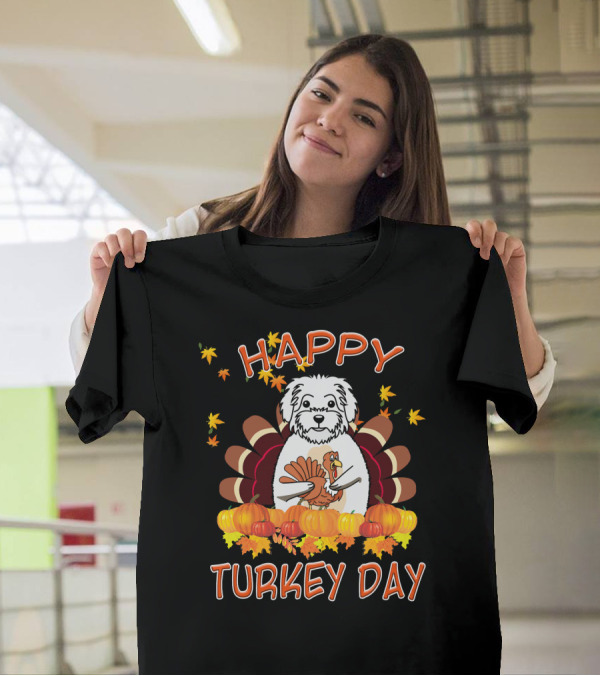 Funny Maltese Happy Turkey Day Thanksgiving Dog With Pumpkins T-Shirt