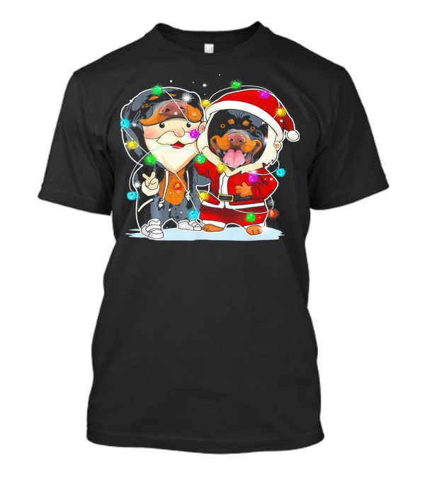 Funny Rottweiler And Santa With Christmas Lights T-Shirt