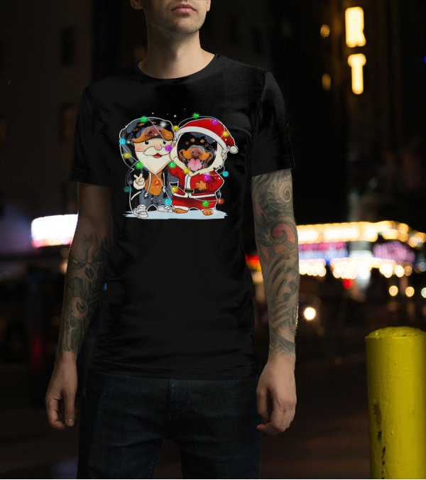 Funny Rottweiler And Santa With Christmas Lights T-Shirt