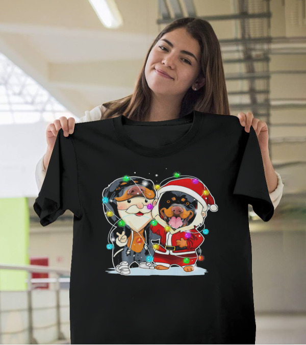 Funny Rottweiler And Santa With Christmas Lights T-Shirt