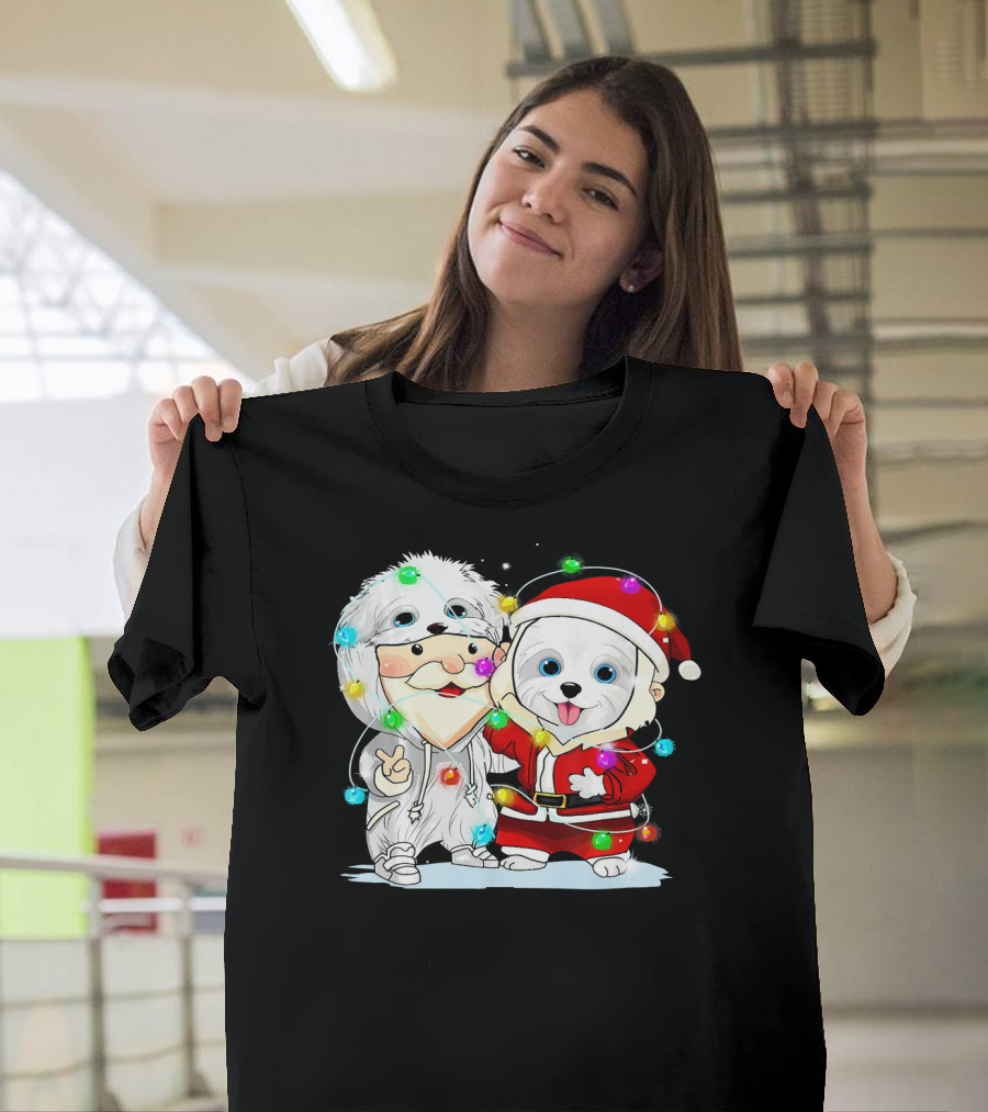 Maltese Dogs Dressed as Santa with Christmas Lights T-Shirt