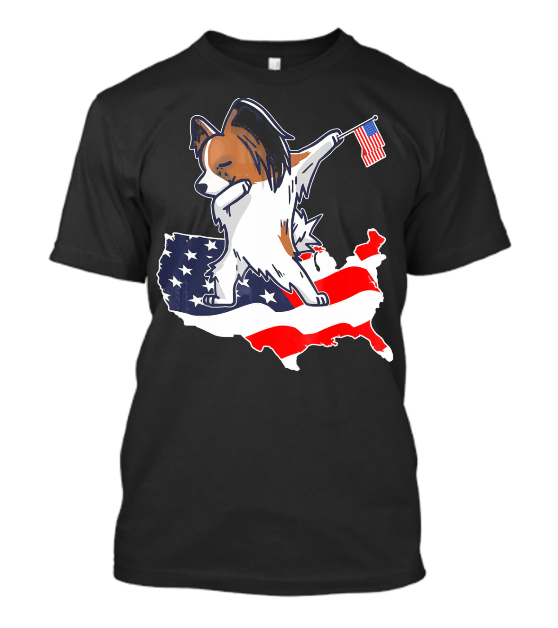 Dabbing Papillon Dog On American Flag Map With Mini Flag T-Shirt
