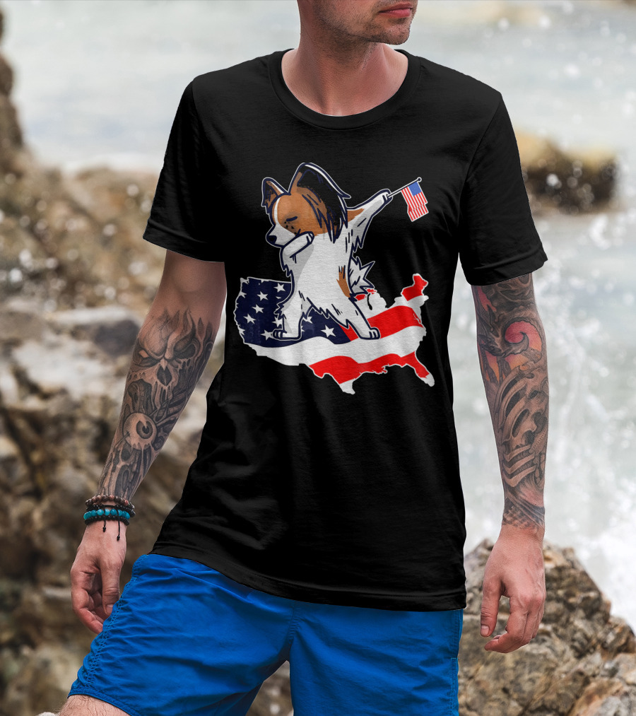 Dabbing Papillon Dog On American Flag Map With Mini Flag T-Shirt