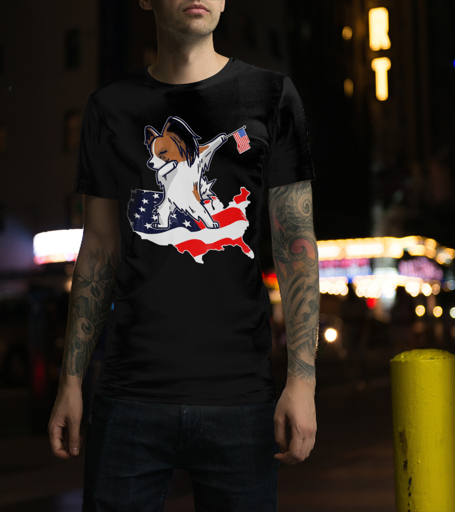 Dabbing Papillon Dog On American Flag Map With Mini Flag T-Shirt