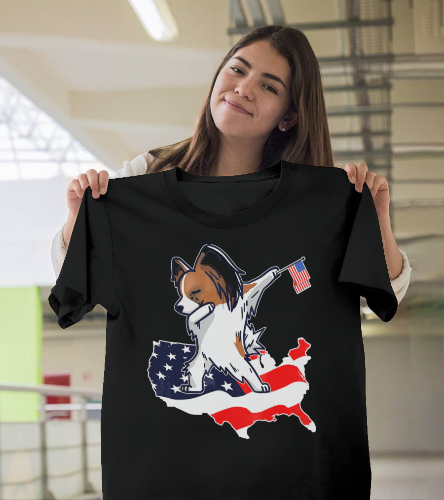 Dabbing Papillon Dog On American Flag Map With Mini Flag T-Shirt