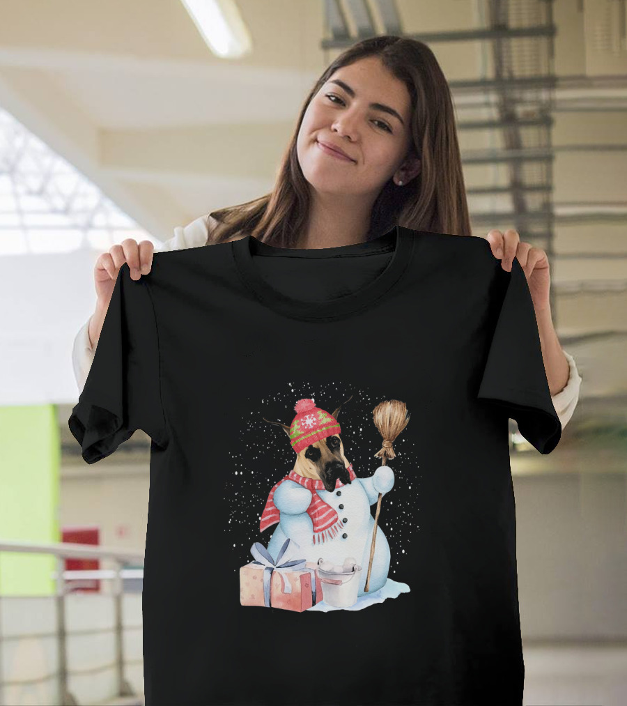 Great Dane Snowman Snow Night Festive Winter Scene T-Shirt