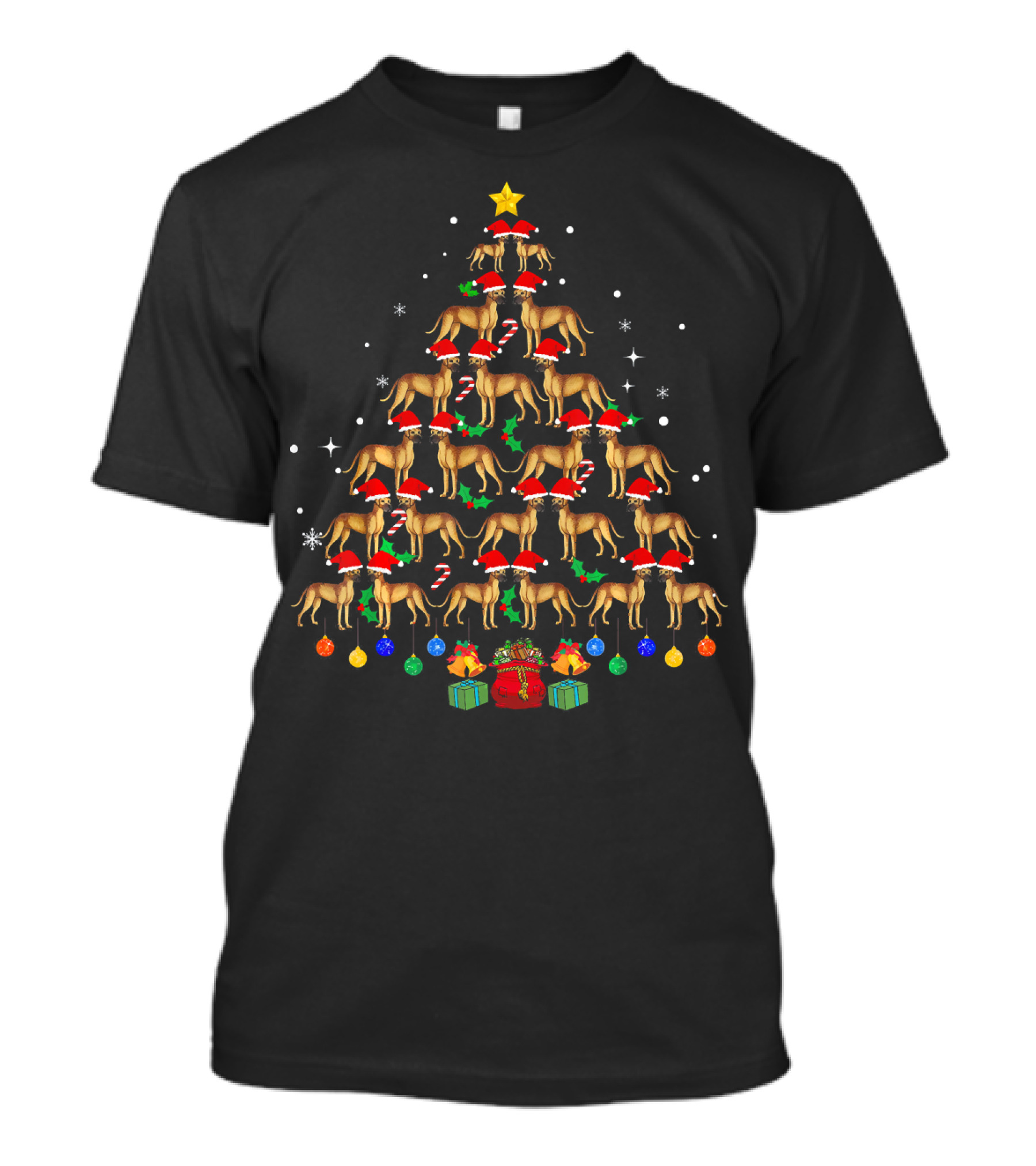 Funny Great Dane Santa Hats Christmas Tree Pile Holiday Ornaments T-Shirt