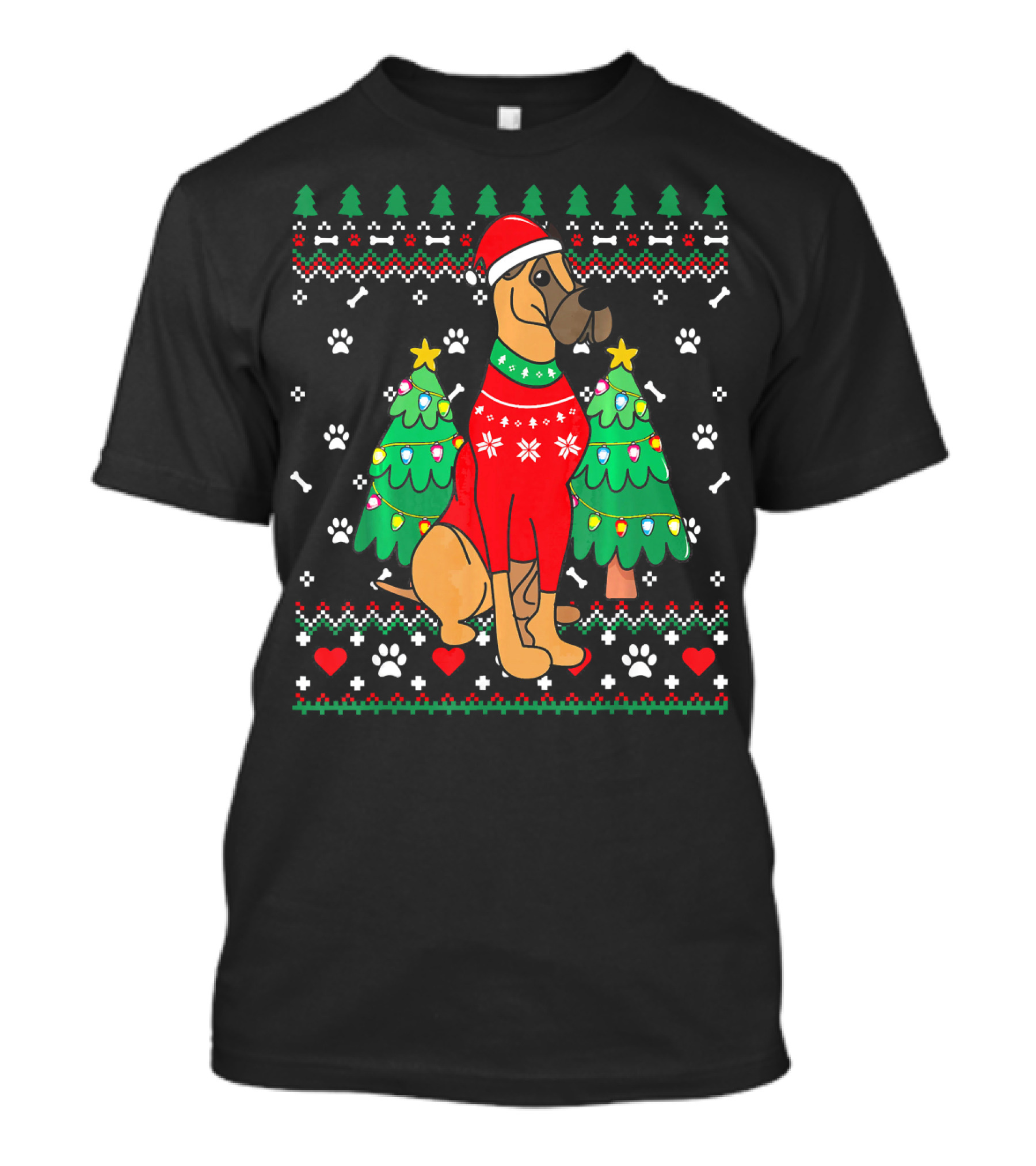 Great Dane Christmas Sweater With Holiday Trees And Santa Hat T-Shirt