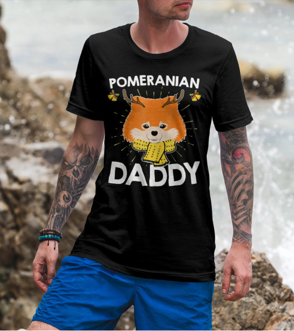 Pomeranian Daddy Reindeer Antlers Christmas Scarf Bow Ornaments T-Shirt