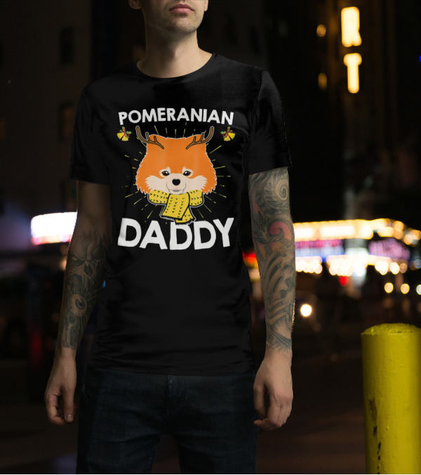 Pomeranian Daddy Reindeer Antlers Christmas Scarf Bow Ornaments T-Shirt