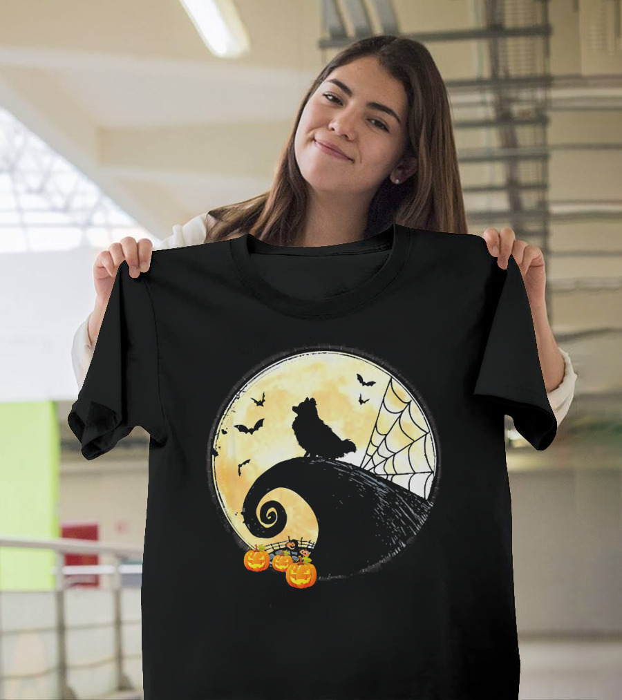 Funny Pomeranian Silhouette on Spiral Hill with Pumpkins and Bats T-Shirt