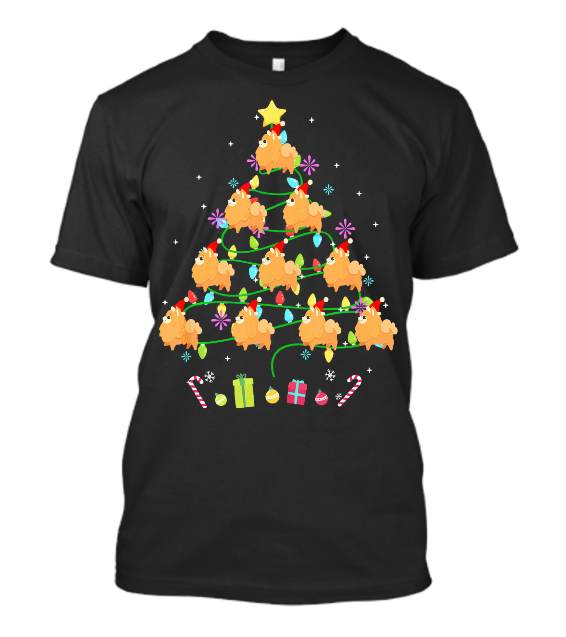 Funny Pomeranian Christmas Tree With Santa Hats Presents Candy Canes T-Shirt
